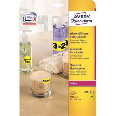 Monitoimitarra Avery L7651Y 38,1x21,2/1625 neonkeltainen - Paperitarra-arkit A5, A4 - 225187 - 1