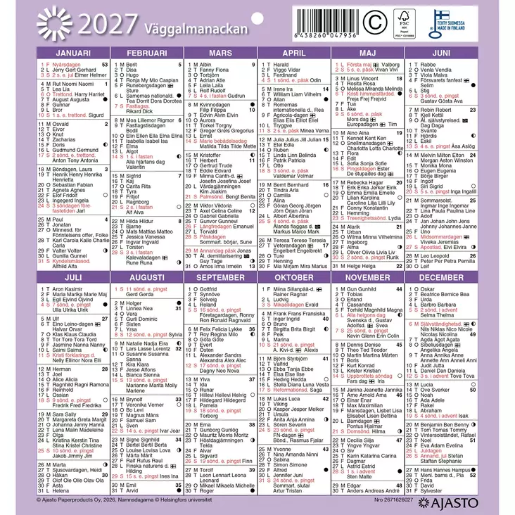 Seinäalmanakka/Väggalmanackan 2027 - Seinäkalenterit - 2671626027 - 1