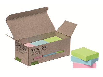 Viestilappu Q-CONNECT Recycled 38x51mm 3 pastelliväriä/12 - Viestilaput, muistilaput, kuutiot - 236867 - 1