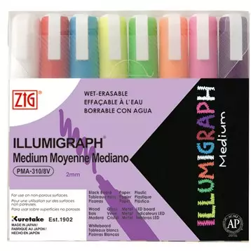 ZIG Illumigraph 2mm 8 kpl värilajitelma - Lasitaulutussit, liidut - PMA-310V8 - 1