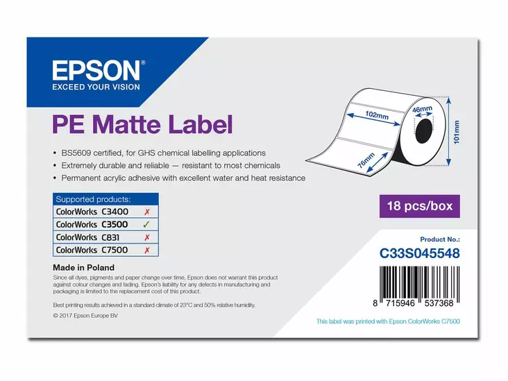 Epson PE etikettitarra 102 x 76 mm 365 etikettiä - Epson tarrakirjoittimet ja tarrateipit - C33S045548 - 1