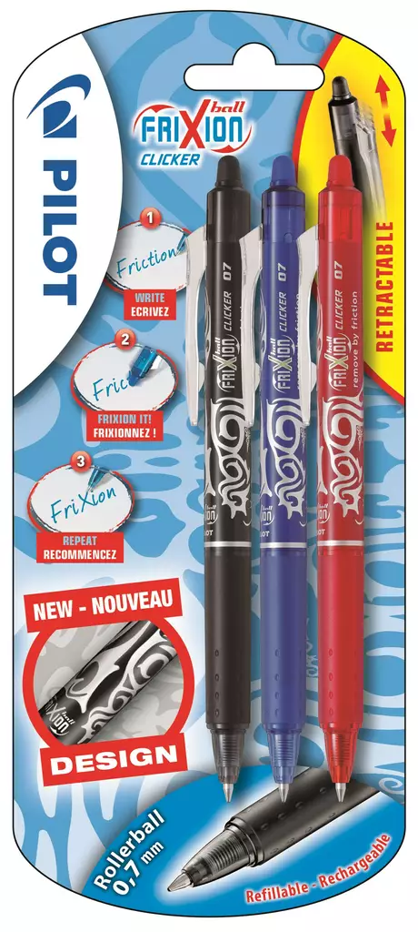 Kuulakynä Pilot Frixion Clicker 0,7 lajitelma sin,pun,mus - Kuivamustekynät - 212218 - 1