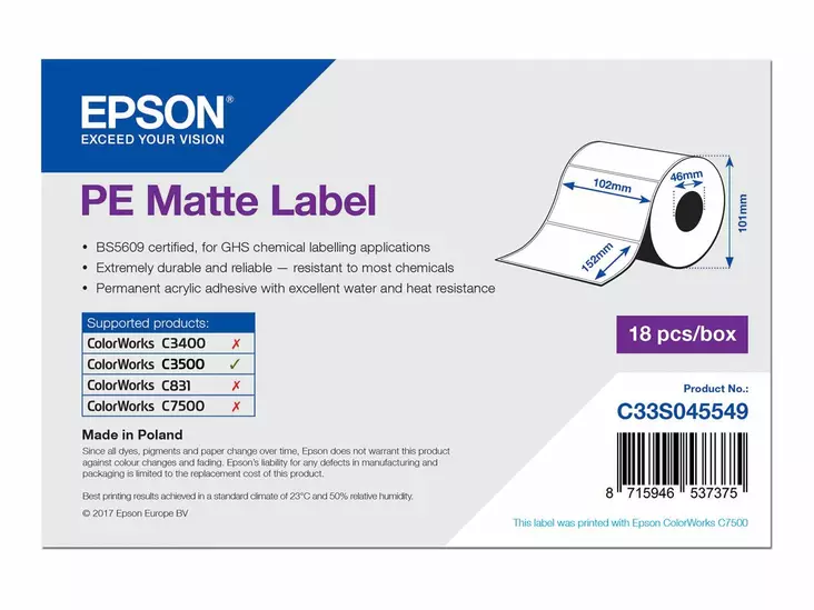 Epson PE etikettitarra 102 x 152 mm 185 etikettiä - Epson tarrakirjoittimet ja tarrateipit - C33S045549 - 1