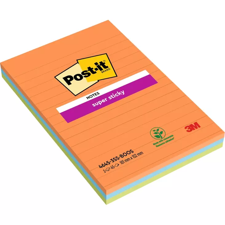 Viestilappu Post-it Super Sticky 102x152mm viivoitettu 3 kpl - Viestilaput, muistilaput, kuutiot - 62819 - 1