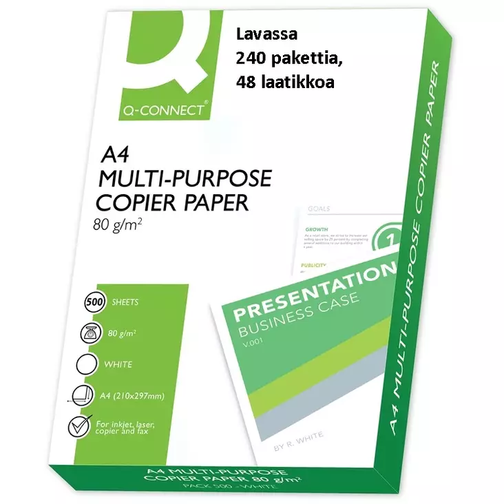 Kopiopaperilava UPM Q-Connect A4 80g/500g, 240 riisiä - Valkoiset tulostuspaperit - 235010LAVA - 1
