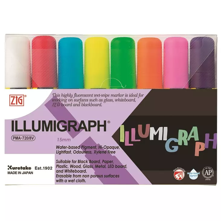 ZIG Illumigraph B&B 15 mm fluoresoiva tussi talttakärki 8-värisarja - Lasitaulutussit, liidut - PMA-7208VAB - 1