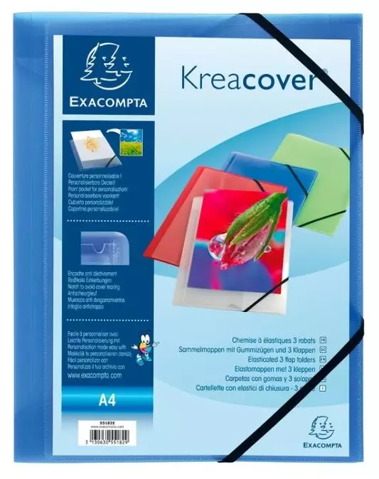 Exacompta Kreacover kulmalukkokansio A4 läpinäkyvä sininen läpillä ja etutaskulla - Kansiot - 55182E - 1