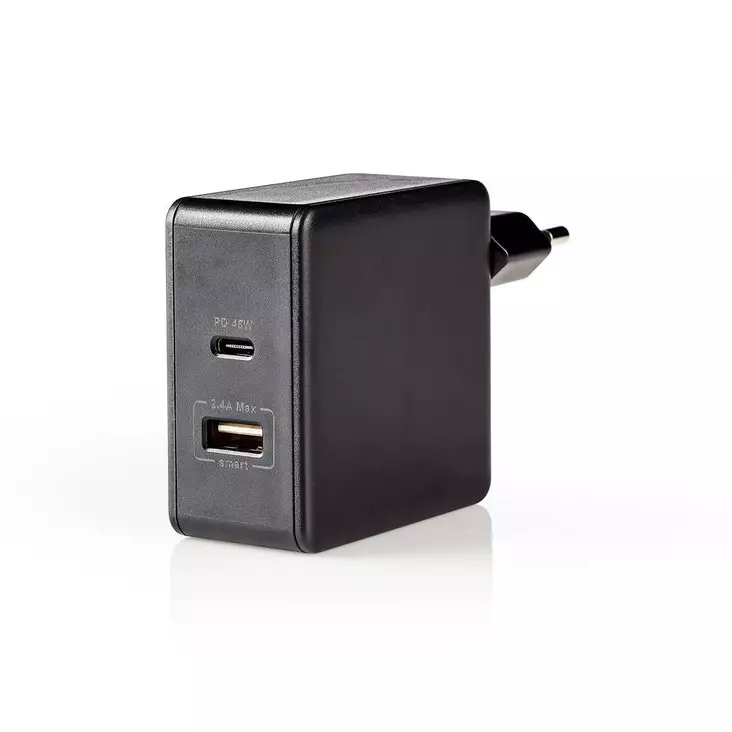 Nedis seinälaturi Pikalataus-toiminto | PD3.0 45W | 1x 2.4 A / 1x 3.0 A A | Lähtöliitäntöjen määrä: 2 | USB-A / USB-C™ | Kaapeli ei sisälly | 57 W | Automaattinen Jännitteen Valinta - Laturit ja varavirtalähteet - WCPD45W100BK - 1