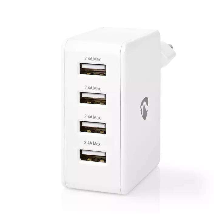 Nedis seinälaturi Pikalataus-toiminto | 2x 1.0 A / 2x 2.4 A A | Lähtöliitäntöjen määrä: 4 | 4x USB-A | Kaapeli ei sisälly | 24 W | Kiinteä lähtöjännite - Laturit ja varavirtalähteet - WCHAU481AWT - 1