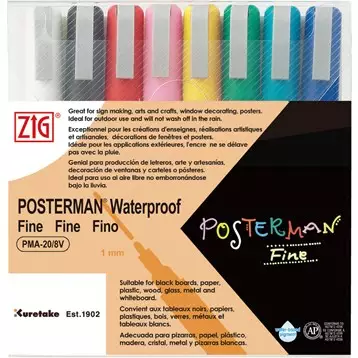ZIG Posterman PMA-20 Fine 1mm 8 kpl värilajitelma - Lasitaulutussit, liidut - PMA-208V - 1