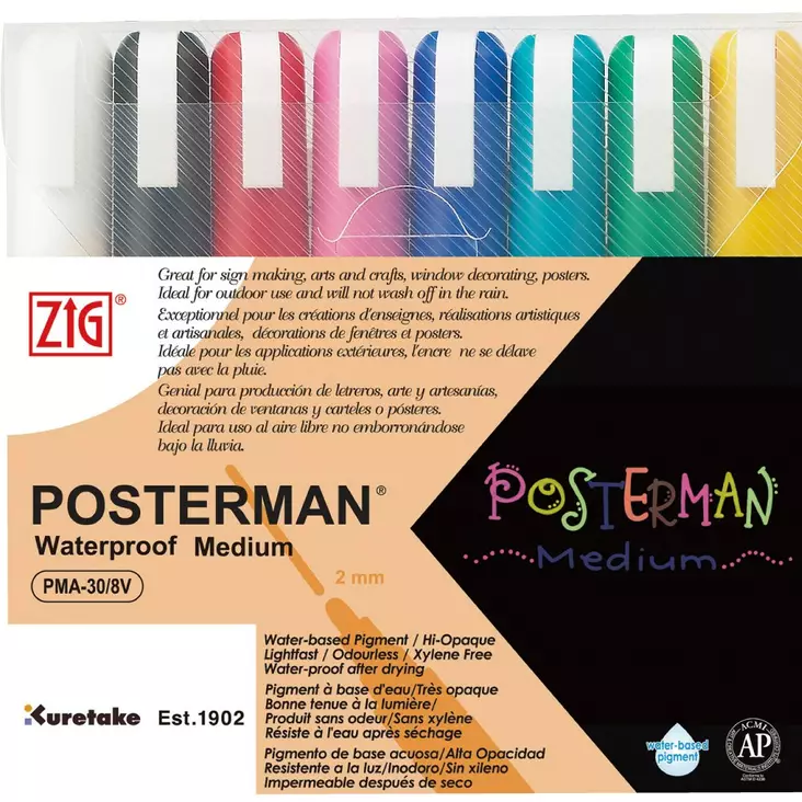 ZIG Posterman Lasi/liitutaulukynä Medium 2mm, 8/Pakkaus - Lasitaulutussit, liidut - PMA-308V - 1